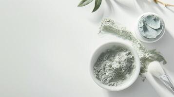 ai generado un exfoliante fregar enriquecido con verde arcilla y natural ingredientes, con un belleza máscara delicadamente aplicado en un limpiar blanco fondo, atractivo espectadores a complacer en cuidados personales. foto