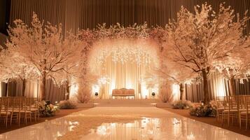 AI generated a romantic wedding stage adorned with delicate flowers, emanating an atmosphere of love and enchantment as couples exchange vows in a breathtaking setting. photo