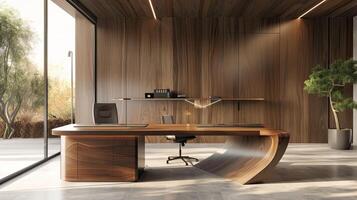 AI generated a sleek wooden home office, where functionality seamlessly intertwines with refined aesthetics, highlighting an expansive desk crafted from polished, natural wood as the centerpiece. photo