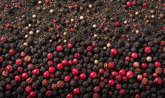 AI generated Top view of black and red pepper peppercorns on wooden background photo