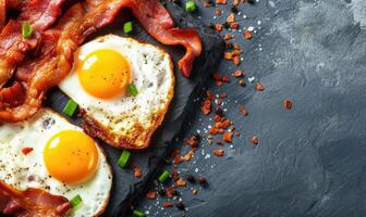 AI generated Breakfast with fried eggs, bacon and vegetables on black stone background photo