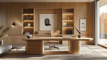 AI generated a sleek wooden home office, where functionality seamlessly intertwines with refined aesthetics, highlighting an expansive desk crafted from polished, natural wood as the centerpiece. photo