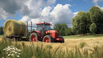 AI generated a farmer operating a tractor to load round hay bales onto a trailer, showcasing the agricultural process of harvesting and transporting straw bales with authentic realism and detail. photo