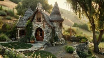 AI generated a small house cleverly designed to resemble a castle, nestled amidst rolling hills and surrounded by whimsical gardens, invoking a sense of fairy-tale charm. photo