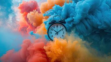 AI generated a clock rings loudly, its vibrant colors blending with bright colored smoke, creating a visually striking scene of alertness and heightened awareness. photo