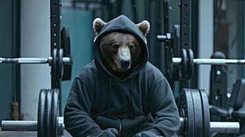 AI generated a bear with fur and brown eyes dons a black hoodie and grey shorts, showcasing strength and determination while lifting heavy weights in the gym, enveloped in an atmosphere of motivation. photo