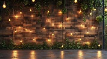 AI generated a wood wall adorned with warm bulb lights, creating a cozy and inviting atmosphere in a living space or cafe setting. photo