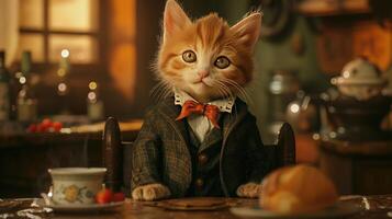 AI Generated an animated kitten exuding sophistication in its attire, portrayed in hyper-realistic detail photo