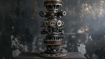 AI generated drum brakes, gears, and assorted metal components artfully displayed on a pedestal, against a grey, oxidized background, evoking an industrial ambiance that celebrates precision photo