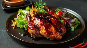 AI generated a half-smoked chicken adorned with barbecue sauce, served alongside a fresh salad and flavorful sauce, the succulent texture and appetizing presentation of delicious meal. photo
