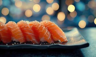 AI generated Salmon sushi on a blue plate with bokeh background. photo