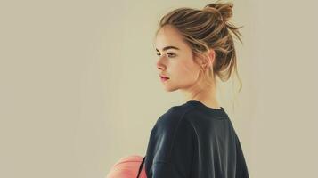 ai generado un mujer con rubio pelo estilizado en un casual bollo, sin esfuerzo exhibiendo un llanura negro Cuello redondo camisa de entrenamiento con No arrugas, su comportamiento exudando confianza como ella lleva un enrollada rosado foto