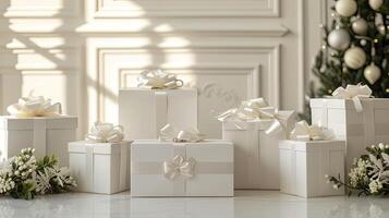 ai generado un meticulosamente curado arreglo presentando inmaculado blanco regalo cajas, cada exquisitamente embellecido a evocar sofisticación y encanto, creando un visión de lujo y opulencia. foto