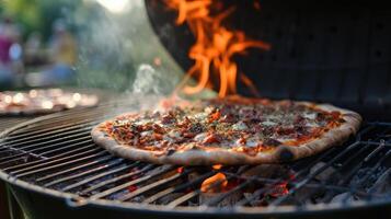 ai generado un pulcro webber parrilla chisporrotea con el aroma de Pizza siendo expertamente cocido en un pintoresco parque configuración, evocando el ambiente de al aire libre culinario deleite y camaradería. foto