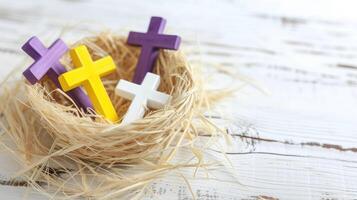 AI generated crosses nestled in a straw basket against a white wooden background, offering a peaceful and contemplative scene with options for crosses in white, yellow, or purple hues. photo