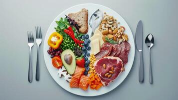 AI generated a plate divided into sections, a balanced diet that emphasizes the importance of the right types of fats, countering the notion that saturated fats of cardiovascular disease. photo