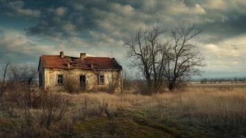 ai generado un antiguo arruinado casa, resistido por hora y descuido, en un realista fotografía ese evoca un sentido de nostalgia y abandono. foto