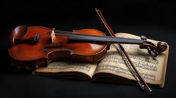 AI generated a violin accompanied by its bow and sheet music, elegantly poised on a black background, with clean lines and natural shadows enhancing its ultra-detailed craftsmanship. photo