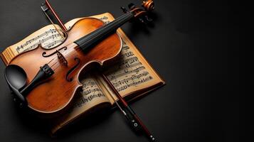 AI Generated a violin accompanied by its bow and sheet music, elegantly poised on a black background, with clean lines and natural shadows enhancing its ultra-detailed craftsmanship. photo