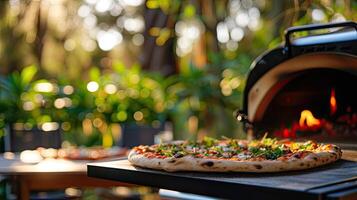 ai generado un pulcro webber parrilla chisporrotea con el aroma de Pizza siendo expertamente cocido en un pintoresco parque configuración, evocando el ambiente de al aire libre culinario deleite y camaradería. foto