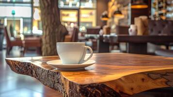 AI generated gorgeous solid wood coffee table as the focal point, adorned with a steaming cup of black coffee, against the backdrop of a beautifully decorated cafe. photo