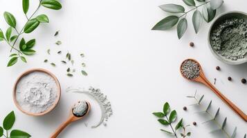 AI generated an exfoliating scrub enriched with green clay and natural ingredients, with a beauty mask delicately applied on a clean white background, inviting viewers to indulge in self-care. photo