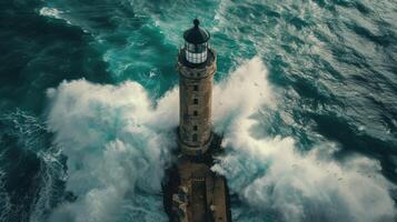 AI generated an offshore lighthouse standing tall amidst crashing waves, its sturdy structure weathering the elements while guiding ships safely through treacherous waters. photo