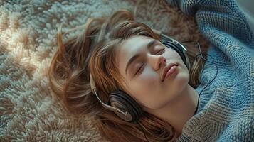 AI generated a relaxed woman lying on the carpet at home, indulging in music through her headphones, exuding a sense of calm and contentment in her portrait. photo