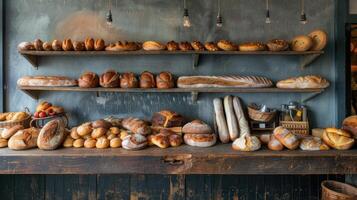 AI generated a quaint bakery, where artisanal bread varieties are artfully arranged on a rustic wooden counter, tempting passersby with their delicious aroma. photo