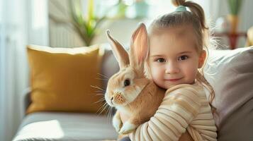 AI generated a little girl cradles an Easter bunny in a sleek, living room, where the contrast between the timeless symbol of the bunny and the contemporary style of the setting is strikingly evident. photo
