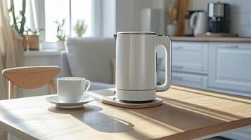 AI generated a modern electric kettle sitting beside a cup on a wooden table in a light-filled, minimalist kitchen, portraying the marriage of style and utility in contemporary home appliances. photo