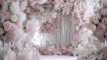 AI generated a romantic wedding stage adorned with delicate flowers, emanating an atmosphere of love and enchantment as couples exchange vows in a breathtaking setting. photo