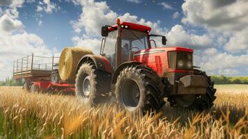 ai generado un granjero operando un tractor a carga redondo heno fardos sobre un remolque, exhibiendo el agrícola proceso de cosecha y transportar Paja fardos con auténtico realismo y detalle. foto