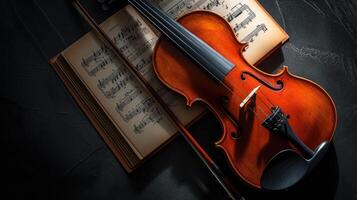 AI Generated a violin accompanied by its bow and sheet music, elegantly poised on a black background, with clean lines and natural shadows enhancing its ultra-detailed craftsmanship. photo