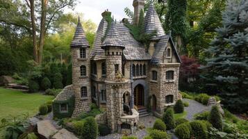 AI generated a small house cleverly designed to resemble a castle, nestled amidst rolling hills and surrounded by whimsical gardens, invoking a sense of fairy-tale charm. photo