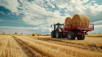 ai generado un granjero operando un tractor a carga redondo heno fardos sobre un remolque, exhibiendo el agrícola proceso de cosecha y transportar Paja fardos con auténtico realismo y detalle. foto