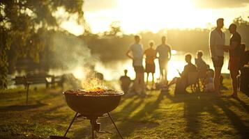 AI generated a sleek Webber grill sizzles with the aroma of pizza being expertly cooked in a picturesque park setting, evoking the ambiance of outdoor culinary delight and camaraderie. photo