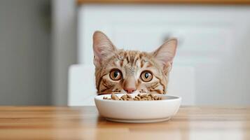 AI generated a cat its head out from under the table, drawn by the aroma of wet cat food in a bowl placed on the table, against a  white background, showcasing the irresistible allure of dining photo