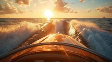 AI generated speedboating through with a realistic close-up shot from the back seat of a speedboat, showcasing the mesmerizing ocean vista during the golden hour, enhanced by captivating shadow play. photo