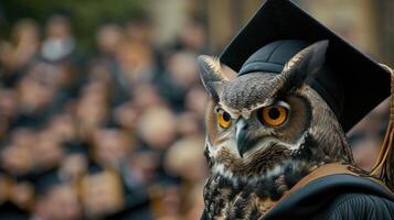 ai generado un majestuoso búho adornado en un graduación vestido y birrete, exudando erudito elegancia y equilibrio como eso participa en un solemne Universidad ceremonia. foto