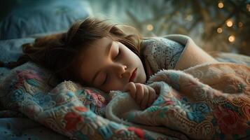 AI generated a little girl as she sleeps soundly in bed, nestled under a plush, soft, textured blanket that envelops her in warmth and comfort, creating a serene and cozy atmosphere. photo