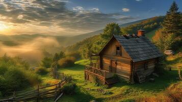 AI generated village life in Serbia with a realistic photograph featuring a quaint wooden cabin nestled amidst the picturesque countryside, evoking a sense of tranquility and serenity. photo