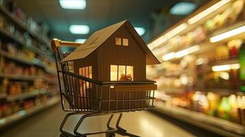 AI generated a close-up of a cardboard house placed within a supermarket cart, illuminated by natural daylight. photo