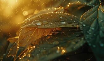 AI generated Morning dew on the leaves of strawberry. Shallow depth of field. photo