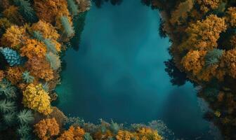 AI generated Aerial view of a lake with trees in the forest at sunset photo