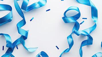 AI generated blue ribbons against a pristine white background, rendered with precision, exuding simplicity and sophistication. photo