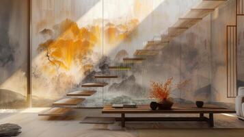 AI generated a Zen-style living space with stairs, an oil painting in a wooden frame, in light gray and amber tones, while a mural with a translucent overlay adds depth and tranquility to the space photo