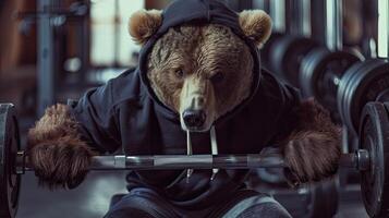 AI generated a bear with fur and brown eyes dons a black hoodie and grey shorts, showcasing strength and determination while lifting heavy weights in the gym, enveloped in an atmosphere of motivation. photo