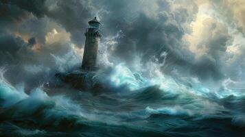 AI generated an offshore lighthouse standing tall amidst crashing waves, its sturdy structure weathering the elements while guiding ships safely through treacherous waters. photo