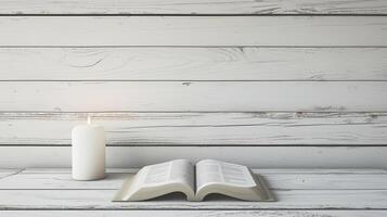 AI generated an open holy book, the Bible, next to a burning candle on a white wooden table, while communicating with God photo